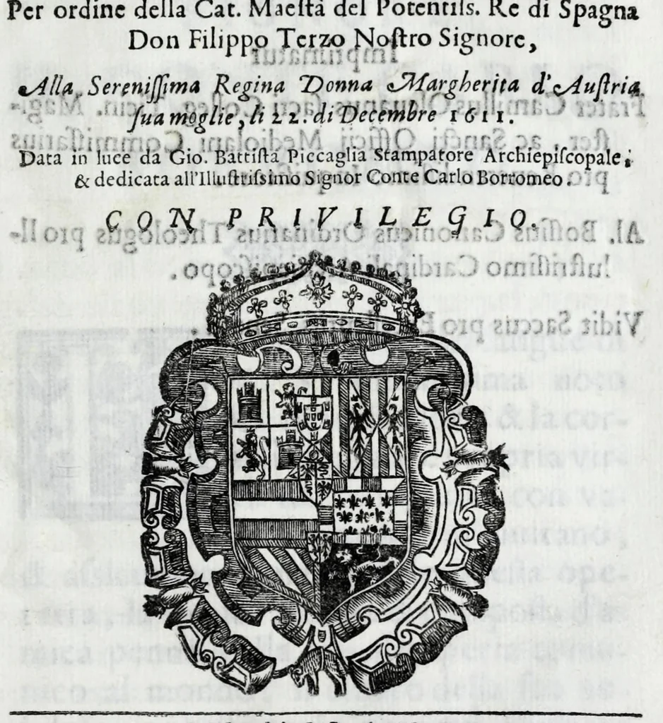 An illustration from Relatione del fvnerale et eseqvie fatte in Milano, : per ordine della Cat. Maestà del potentiss. re di Spagna don Filippo Terzo nostro signore, alla serenissima regina donna Margherita d'Austria sua moglie, li 22. di decembre 1611, 1612, leaf 9