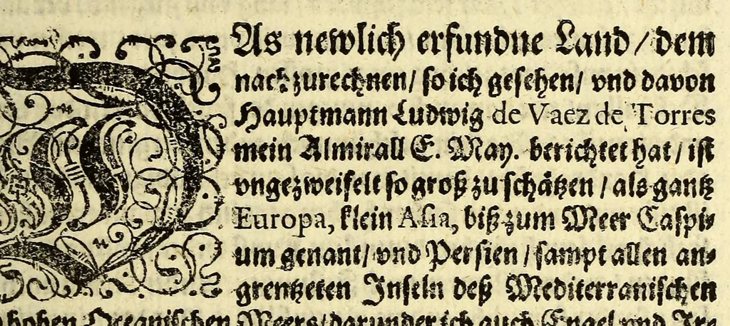 An illustration from Relation Herrn Petri Fernandes de Quir, spanischen Hauptmans [et]c. so er König. May. in Spanien [et]c. von dem new erfundnem vierten Theil der Welt (so bissher in Mappis oder Landafflen [sic] Terra Australis incognita genannt) vnd desselben Länder, Reichtumb vnd Fruchtbarkeit [et]c. vbergeben., 1611, leaf 9