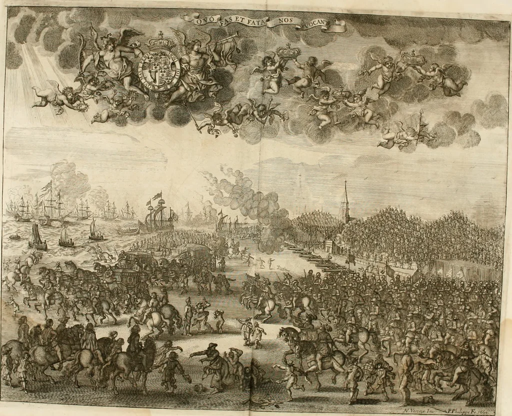 An illustration from A relation in form of journal of the voiage and residence which the most excellent and most mighty prince Charles the II, King of Great Britain, &c hath made in Holland from the 25 of May to the 2 of June, 1660, 1660, leaf 131
