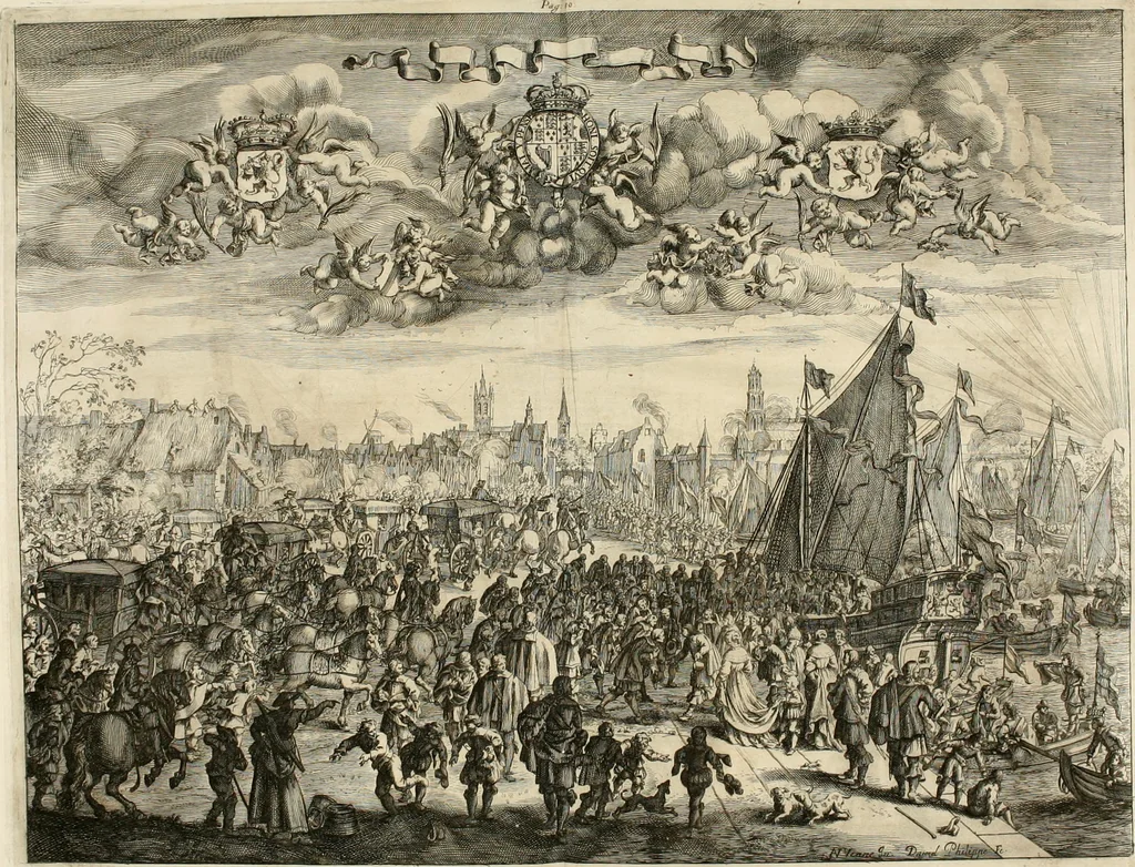 An illustration from A relation in form of journal of the voiage and residence which the most excellent and most mighty prince Charles the II, King of Great Britain, &c hath made in Holland from the 25 of May to the 2 of June, 1660, 1660, leaf 45