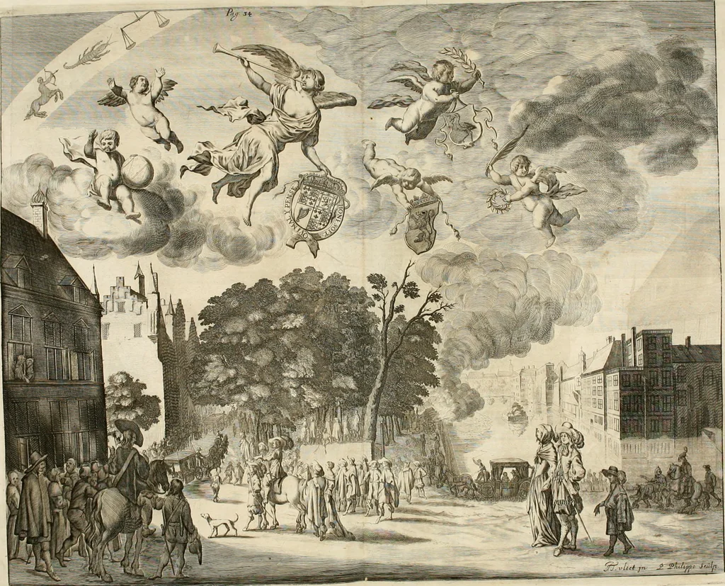 An illustration from A relation in form of journal of the voiage and residence which the most excellent and most mighty prince Charles the II, King of Great Britain, &c hath made in Holland from the 25 of May to the 2 of June, 1660, 1660, leaf 49