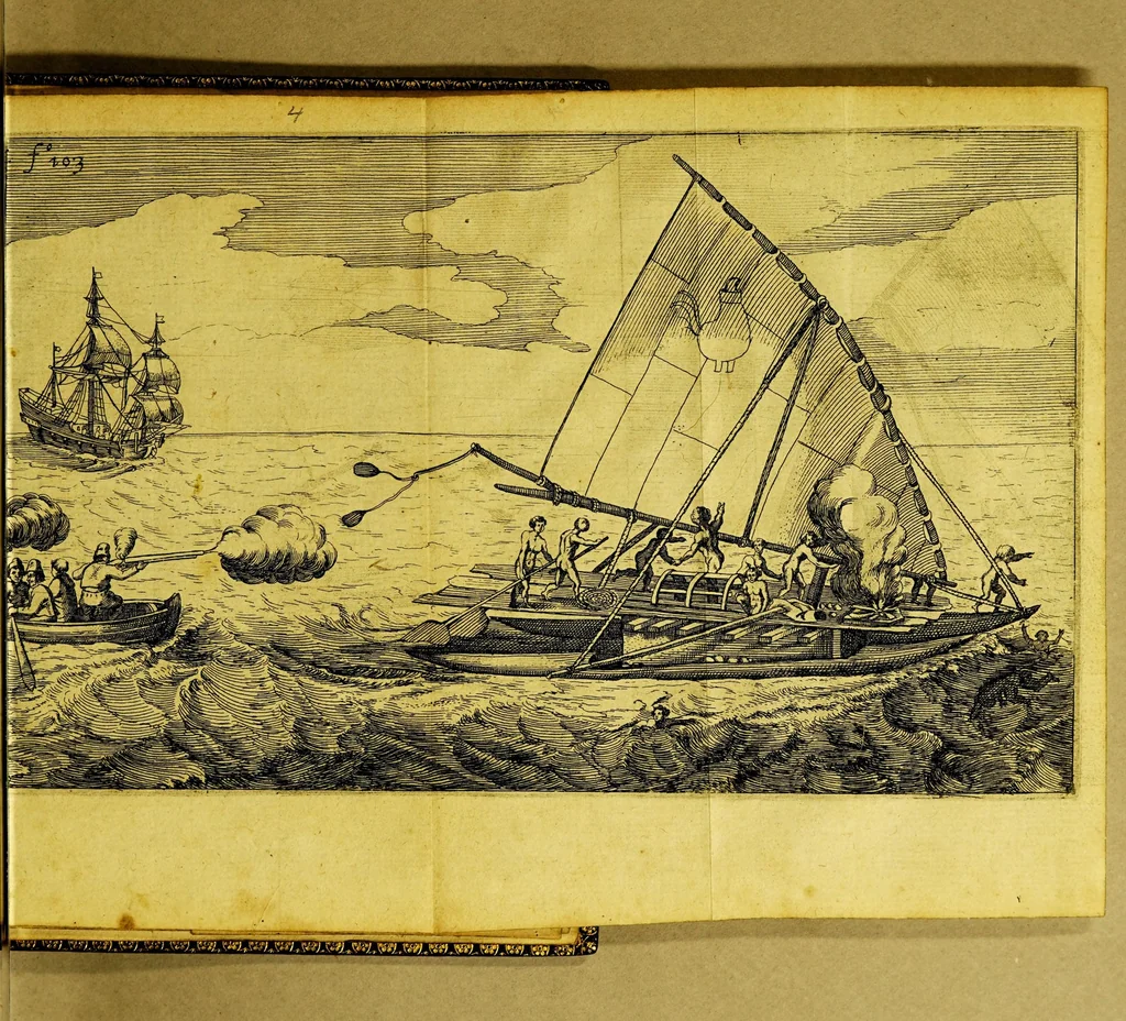 An illustration from The Relation of a wonderfull voiage made by William Cornelison Schouten of Horne. : Shewing how south from the Straights of Magelan, in Terra del-Fuogo: he found and discovered a newe passage through the great South Sea, and that way sayled round about the world. ., 1619, leaf 105