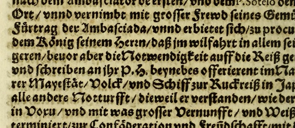 An illustration from Relation vnd gründtlicher Bericht von dess Königreichs Voxu im japonischen Keyserthumb gottseliger Bekehrung, vnd dessentwegen aussgefertigter Ambasciada an Päbst: Heil: gen Rom Paulum den Fünfften, vnd an die Cathol: May: Philip ... Anno 1615. Durch R.P.F. Ludovicum Sotelum S. Francisci Ordens der Discaltzen, oder Parfüsser : vnd ... Don: Rocuyemon Faxecura ..., 1617, leaf 122