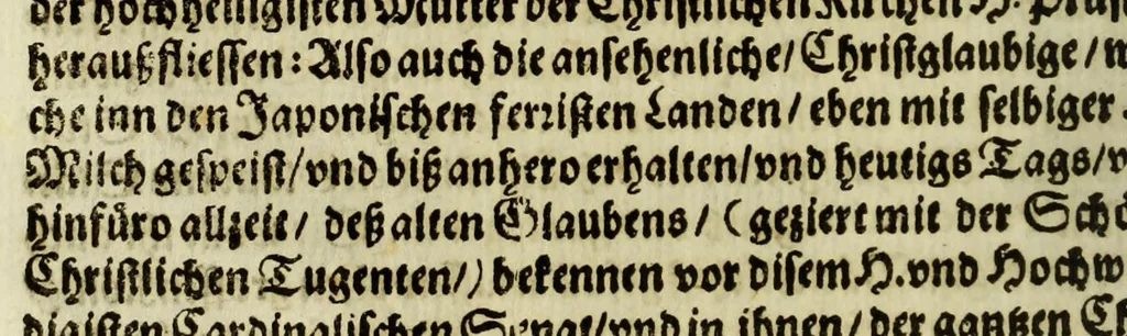 An illustration from Relation vnd gründtlicher Bericht von dess Königreichs Voxu im japonischen Keyserthumb gottseliger Bekehrung, vnd dessentwegen aussgefertigter Ambasciada an Päbst: Heil: gen Rom Paulum den Fünfften, vnd an die Cathol: May: Philip ... Anno 1615. Durch R.P.F. Ludovicum Sotelum S. Francisci Ordens der Discaltzen, oder Parfüsser : vnd ... Don: Rocuyemon Faxecura ..., 1617, leaf 18