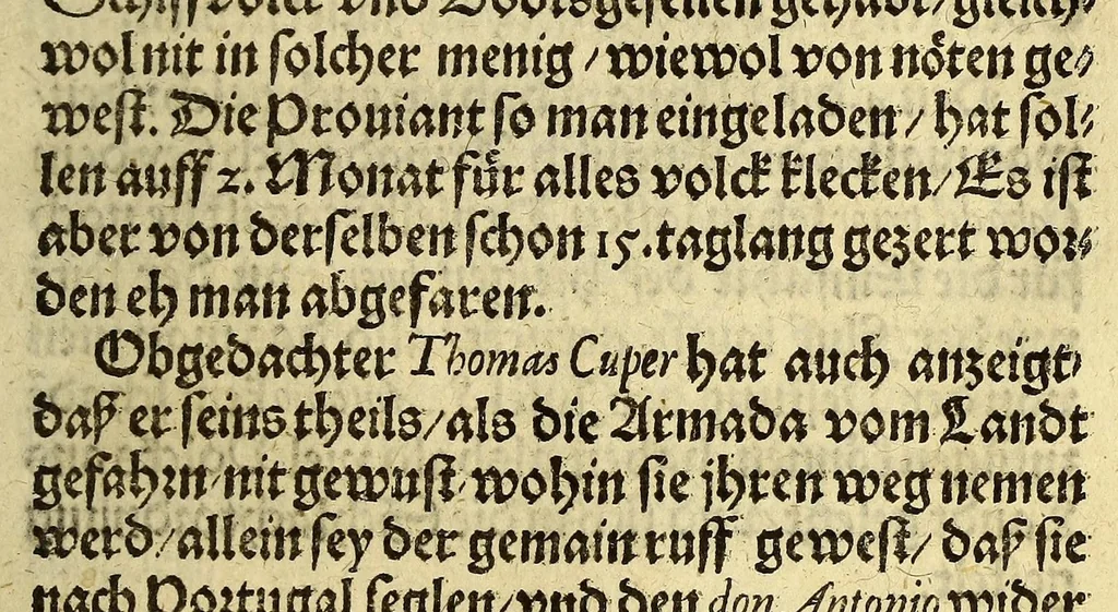 An illustration from Relation was der Capitan Drackh vnnd Colonel Noriz welche anno 1589. an stat der Künigin in Engelland, den don Antonio in das Königreich Portugal einsetzen, : vnd die Spannier darauss vertreiben sollen, mit jrer mechtigen Armada von der zeit an, als sie abgefahrn biss sie wider haim kommen, aussgericht., 1590, leaf 9