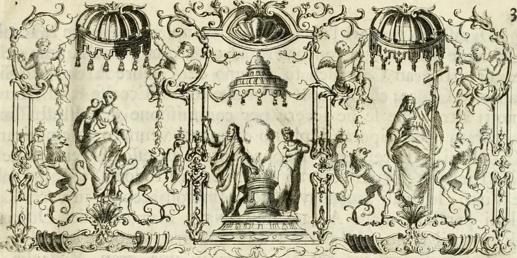 An illustration from Relazione delle solenni esequie celebrate nel Duomo di Milano a Sua Maestà la reina di Sardigna Polissena Giovanna Cristina, 1735, leaf 6