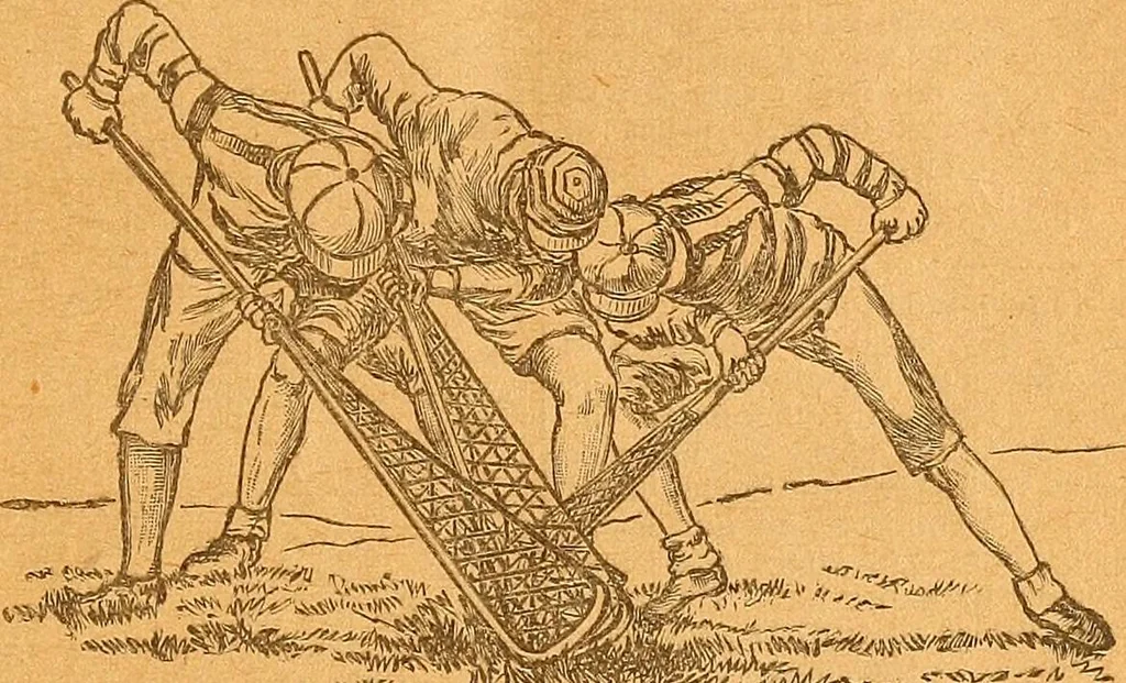 An illustration from The reliable book of outdoor games. Containing official rules for playing base ball, foot ball, cricket, lacrosse, tennis, croquet, etc, 1893, leaf 32