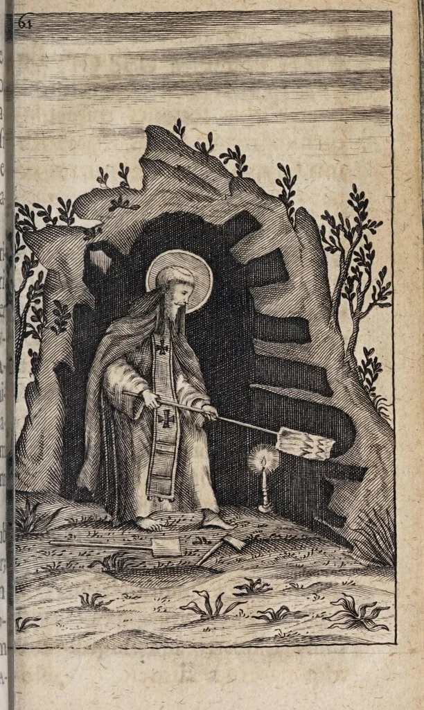 An illustration from Religiosae Kijovienses cryptae, sive, Kijovia subterranea : in quibus labyrinthus sub terra, et in eo emortua à sex centis annis divorum atque heroum Graeco-Ruthenorum & nec dum corrupta corpora, 1675, leaf 81