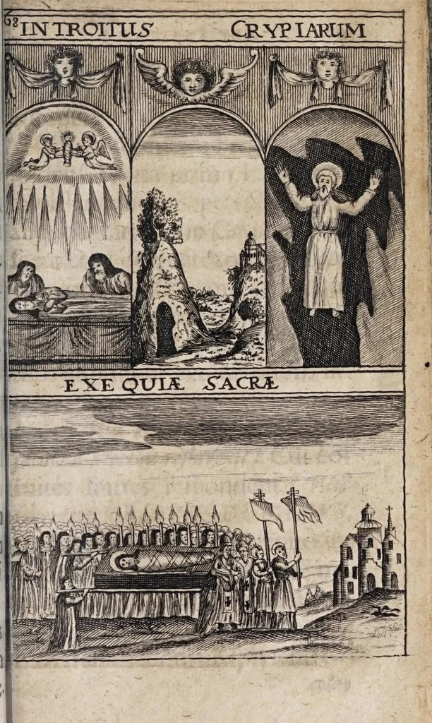An illustration from Religiosae Kijovienses cryptae, sive, Kijovia subterranea : in quibus labyrinthus sub terra, et in eo emortua à sex centis annis divorum atque heroum Graeco-Ruthenorum & nec dum corrupta corpora, 1675, leaf 91