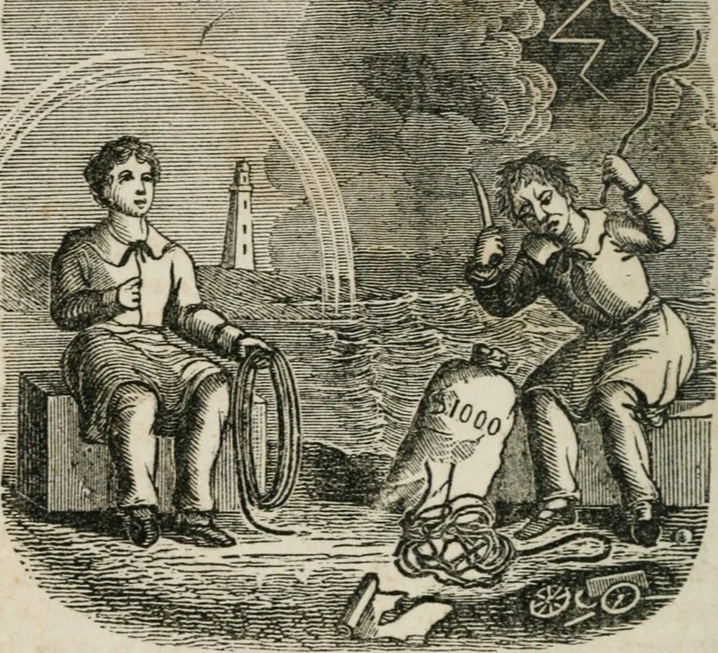 An illustration from Religious allegories : being a series of emblematic engravings, with written explanations, miscellaneous observations, and religious reflections, designed to illustrate divine truth, in accordance with the cardinal principles of Christianity ..., 1848, leaf 75