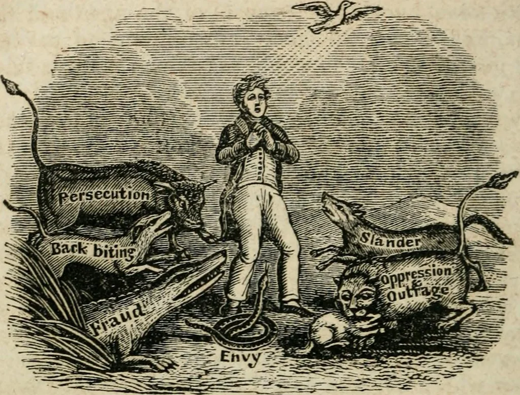 An illustration from Religious allegories : being a series of emblematic engravings, with written explanations, miscellaneous observations, and religious reflections, designed to illustrate divine truth, in accordance with the cardinal principles of Christianity, 1848, leaf 77
