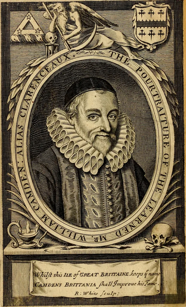 An illustration from Remaines concerning Britain: their languages, names, surnames, allusions, anagrammes, armories, monies, empreses, apparell, artillarie, wise speeches, proverbs, poesies, epitaphs, 1674, leaf 7