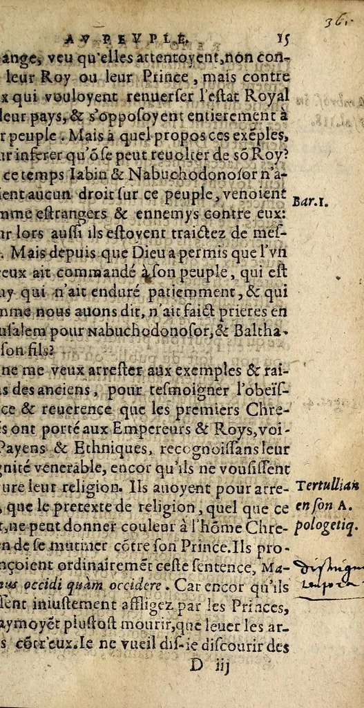 An illustration from Remonstrance av pevple francois, qv'il n'est permis à aucun subiet, sous quelque pretexte que ce soit, se rebeller ne prendre les armes cõtre son Prince & Roy, ny attenter contre son Estat. La tout prouué par l'escriture saincte,, 1585, leaf 31