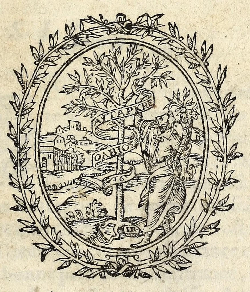 An illustration from Remonstrance dv clerge de France, faite av Roy le xiiii. Octobre 1585. par Monsieur l'Euesque & Comte de Noyon, pair de France, assisté de Messeigneurs les illustrissimes Princes, & reuerendissimes Cardinaux de Bourbon & de Guyse, Archeuesques, Euesques, & autres deputes dudit clergé, à l'Assemblee generale d'iceluy, tenue en l'Abbaye de Saint Germain des prez, lez Paris audit mois d'October 1585., 1585, leaf 7
