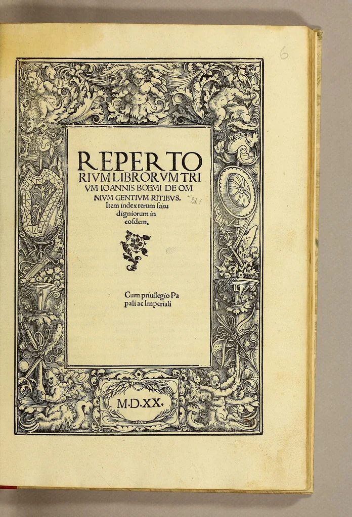An illustration from Repertorium librorum trium Ioannis Boemi de omnium gentium ritibus. Item index rerum scitu digniorum in eosdem, 1520, leaf 9