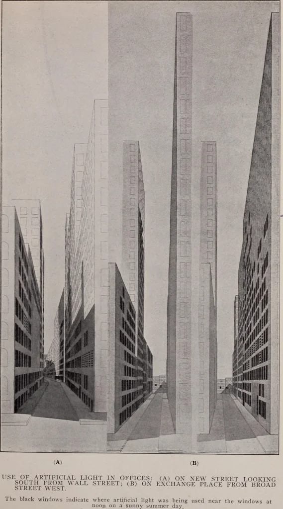 An illustration from Report of the Heights of Buildings Commission to the Committee on the Height, Size and Arrangement of Buildings of the Board of Estimate and Apportionment of the city of New York, 1913, leaf 104