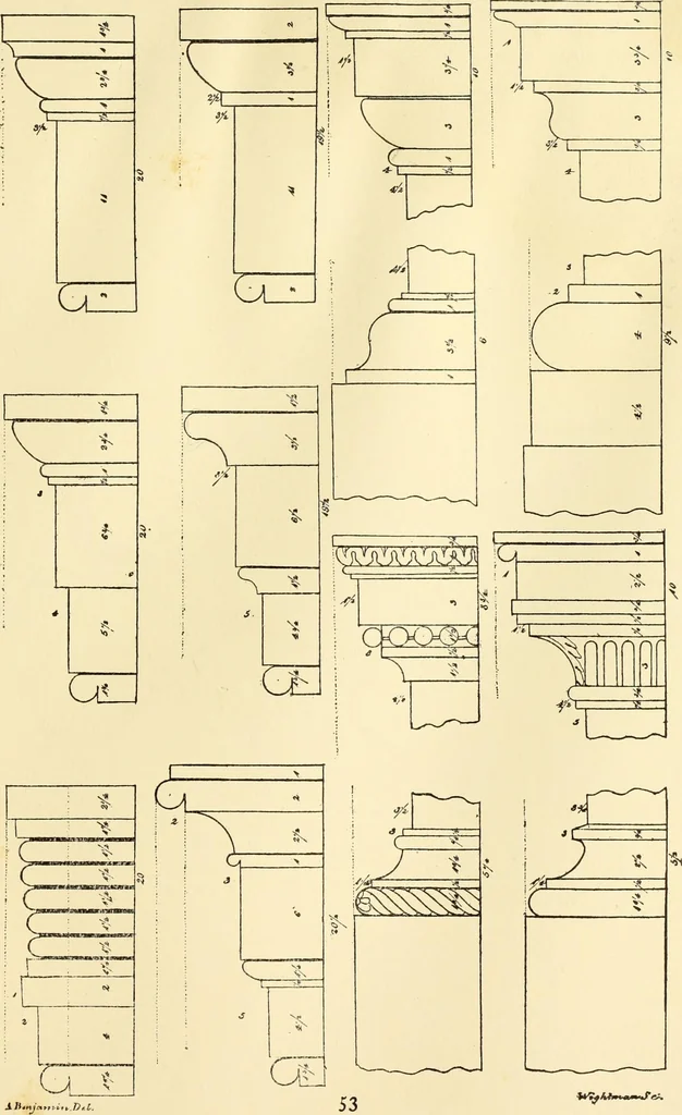 An illustration from A reprint of The country builder's assistant, The American builder's companion, The rudiments of architecture, The practical house carpenter, Practice of architecture, 1917, leaf 62