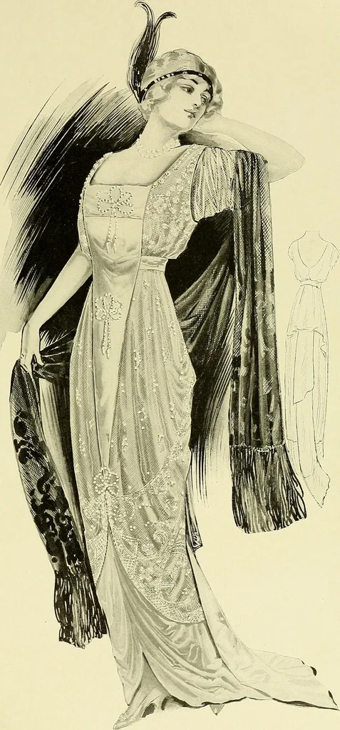 An illustration from Reproductions of model gowns exhibited by Haas brothers, for the spring season of 1913 .., 1913, leaf 12