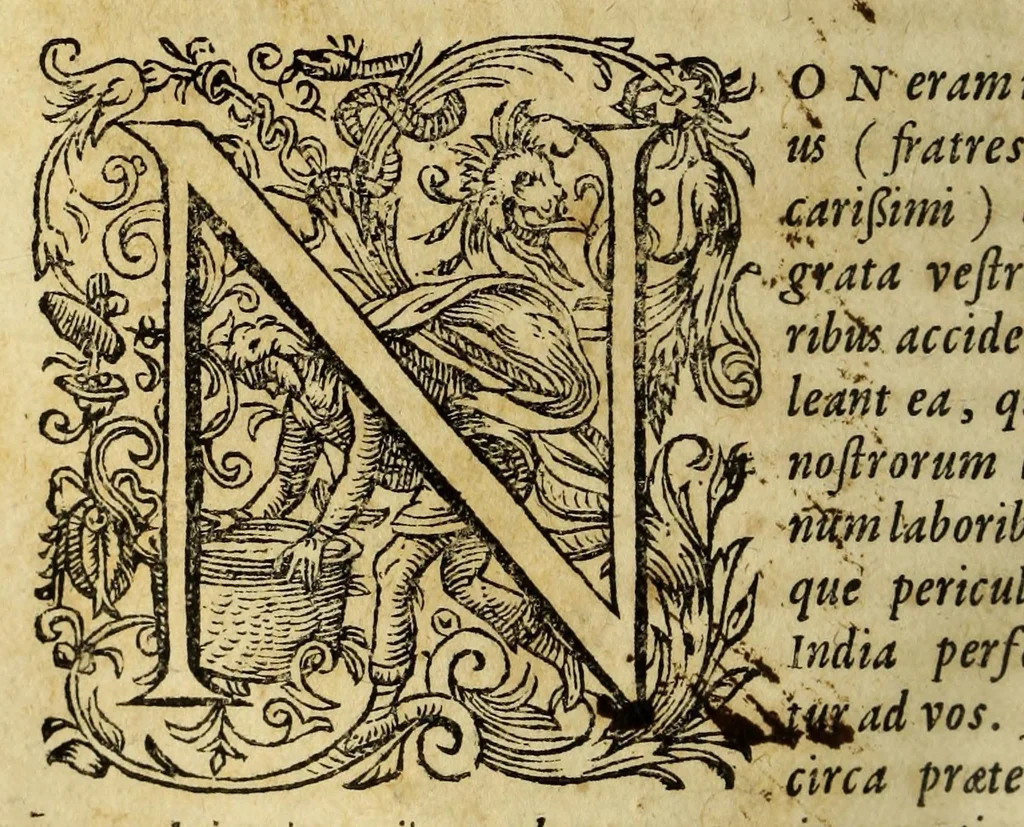 An illustration from Rerum a Societate Iesu in oriente gestarum volumen, : continens historiam iucundam lectu omnibus Christianis, praesertim ijs, quibus vera religio est cordi. In qua videre possunt, quomodo nunquam Deus ecclesiam suam deserat, & in locum deficientium a vera fide, innumeros alios in abdistissimis etiam regionibus substituat, 1574, leaf 108