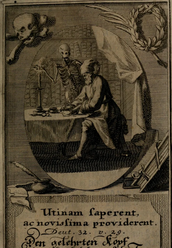 An illustration from Rev. P. Abraham a S. Clara ... Besonders meubliert- und gezierte Todten-Capelle, oder, Allgemeiner Todten-Spiegel : darinnen alle Menschen, wes Standes sie sind ..., 1711, leaf 104