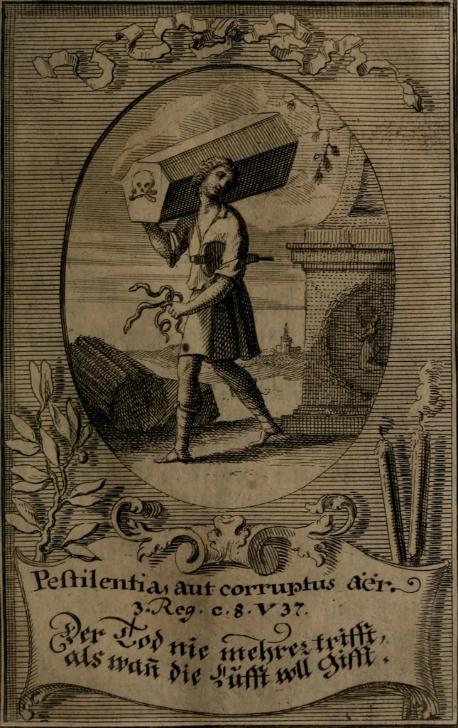 An illustration from Rev. P. Abraham a S. Clara ... Besonders meubliert- und gezierte Todten-Capelle, oder, Allgemeiner Todten-Spiegel : darinnen alle Menschen, wes Standes sie sind ..., 1711, leaf 120