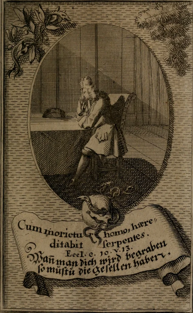 An illustration from Rev. P. Abraham a S. Clara ... Besonders meubliert- und gezierte Todten-Capelle, oder, Allgemeiner Todten-Spiegel : darinnen alle Menschen, wes Standes sie sind ..., 1711, leaf 132