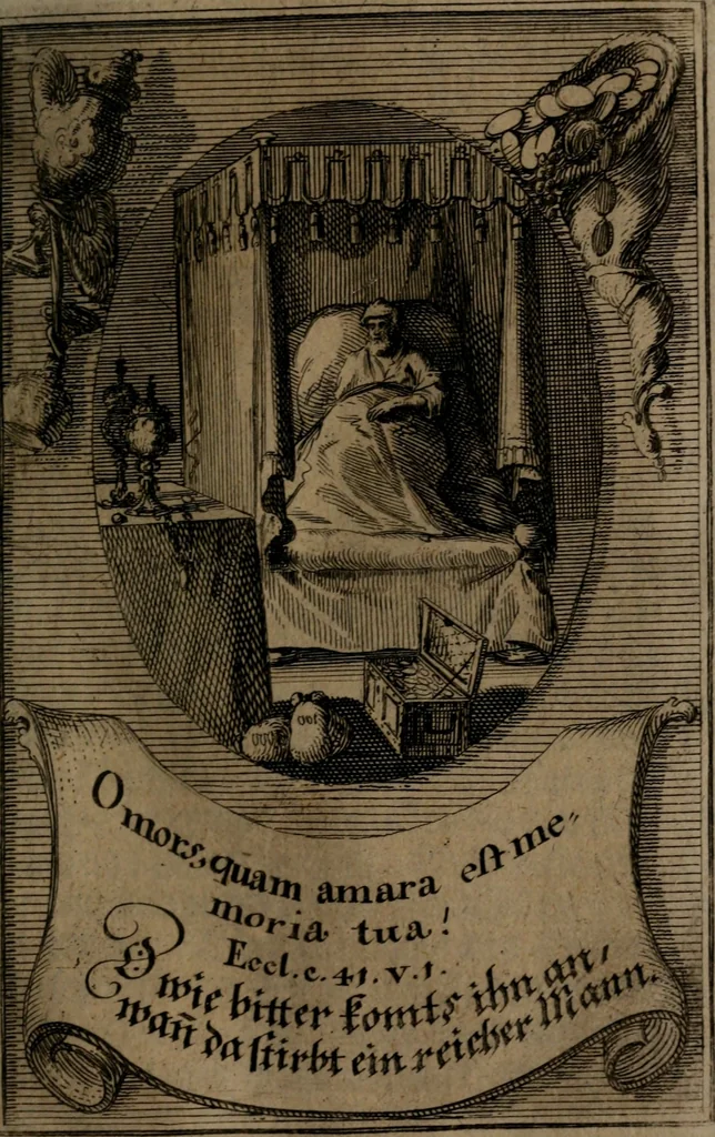 An illustration from Rev. P. Abraham a S. Clara ... Besonders meubliert- und gezierte Todten-Capelle, oder, Allgemeiner Todten-Spiegel : darinnen alle Menschen, wes Standes sie sind ..., 1711, leaf 140