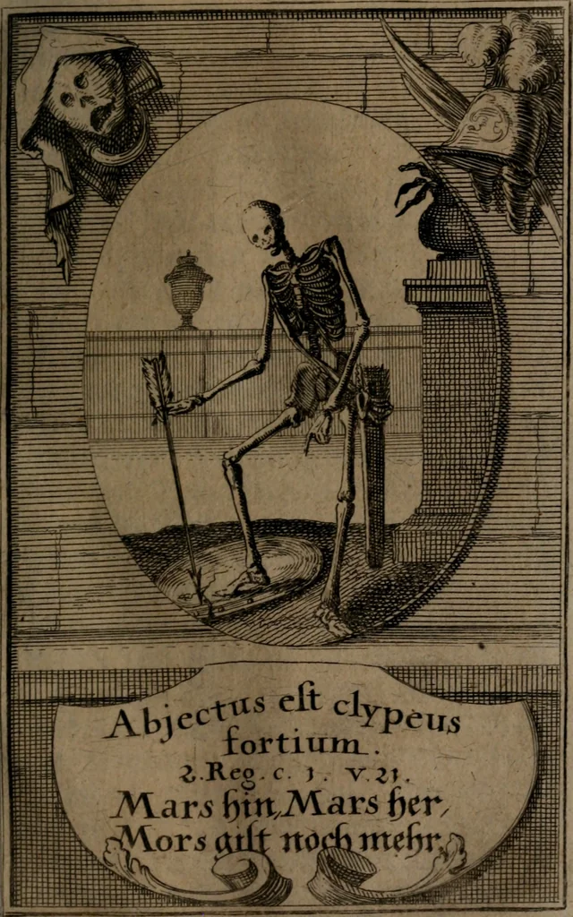 An illustration from Rev. P. Abraham a S. Clara ... Besonders meubliert- und gezierte Todten-Capelle, oder, Allgemeiner Todten-Spiegel : darinnen alle Menschen, wes Standes sie sind ..., 1711, leaf 148
