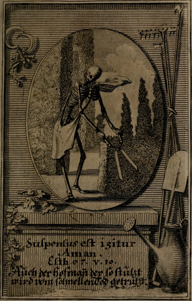 An illustration from Rev. P. Abraham a S. Clara ... Besonders meubliert- und gezierte Todten-Capelle, oder, Allgemeiner Todten-Spiegel : darinnen alle Menschen, wes Standes sie sind ..., 1711, leaf 152