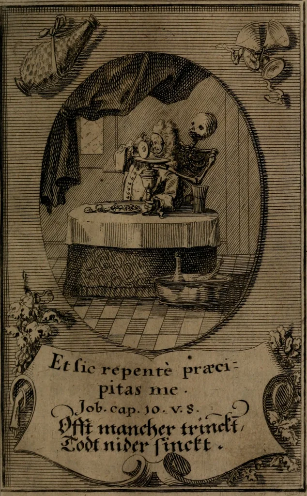 An illustration from Rev. P. Abraham a S. Clara ... Besonders meubliert- und gezierte Todten-Capelle, oder, Allgemeiner Todten-Spiegel : darinnen alle Menschen, wes Standes sie sind ..., 1711, leaf 160