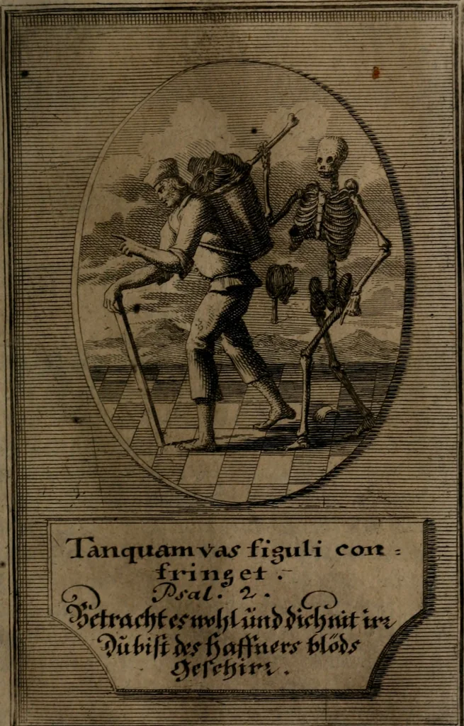 An illustration from Rev. P. Abraham a S. Clara ... Besonders meubliert- und gezierte Todten-Capelle, oder, Allgemeiner Todten-Spiegel : darinnen alle Menschen, wes Standes sie sind ..., 1711, leaf 174