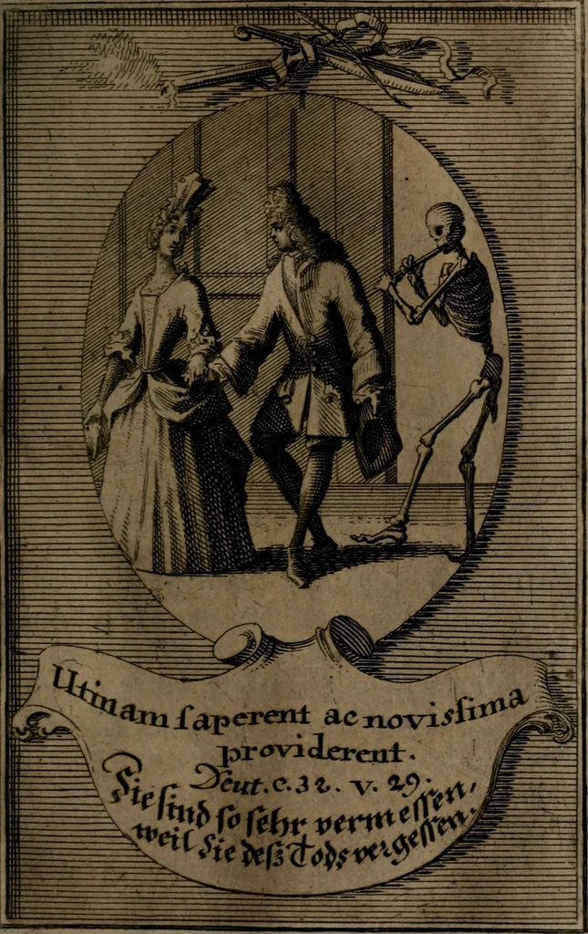 An illustration from Rev. P. Abraham a S. Clara ... Besonders meubliert- und gezierte Todten-Capelle, oder, Allgemeiner Todten-Spiegel : darinnen alle Menschen, wes Standes sie sind ..., 1711, leaf 186
