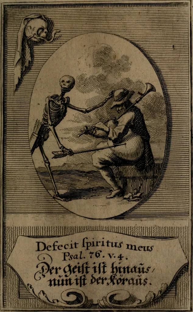 An illustration from Rev. P. Abraham a S. Clara ... Besonders meubliert- und gezierte Todten-Capelle, oder, Allgemeiner Todten-Spiegel : darinnen alle Menschen, wes Standes sie sind ..., 1711, leaf 192