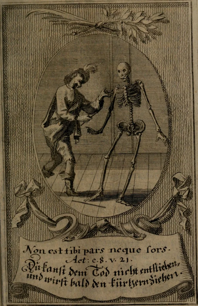 An illustration from Rev. P. Abraham a S. Clara ... Besonders meubliert- und gezierte Todten-Capelle, oder, Allgemeiner Todten-Spiegel : darinnen alle Menschen, wes Standes sie sind ..., 1711, leaf 198