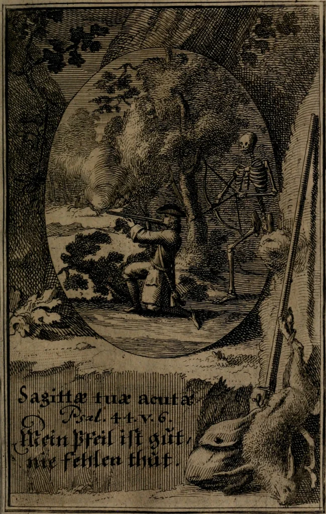 An illustration from Rev. P. Abraham a S. Clara ... Besonders meubliert- und gezierte Todten-Capelle, oder, Allgemeiner Todten-Spiegel : darinnen alle Menschen, wes Standes sie sind ..., 1711, leaf 204