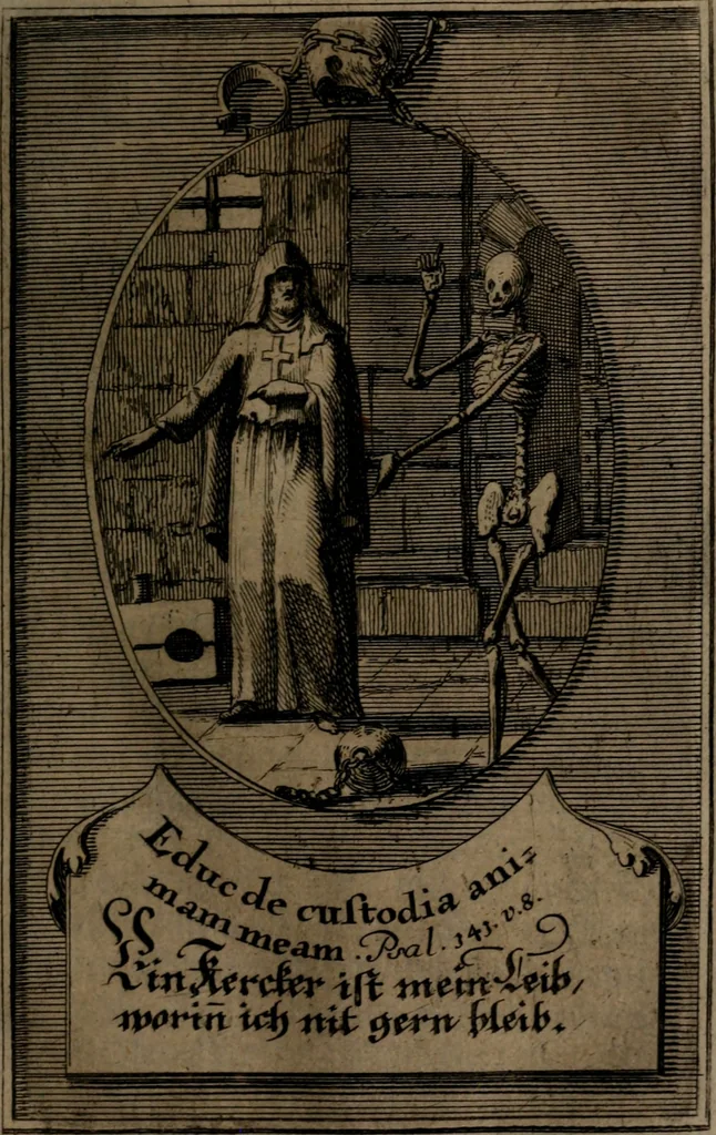 An illustration from Rev. P. Abraham a S. Clara ... Besonders meubliert- und gezierte Todten-Capelle, oder, Allgemeiner Todten-Spiegel : darinnen alle Menschen, wes Standes sie sind ..., 1711, leaf 222