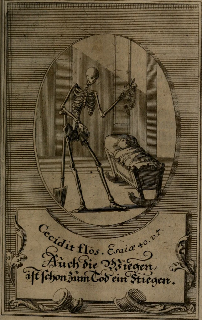 An illustration from Rev. P. Abraham a S. Clara ... Besonders meubliert- und gezierte Todten-Capelle, oder, Allgemeiner Todten-Spiegel : darinnen alle Menschen, wes Standes sie sind ..., 1711, leaf 228