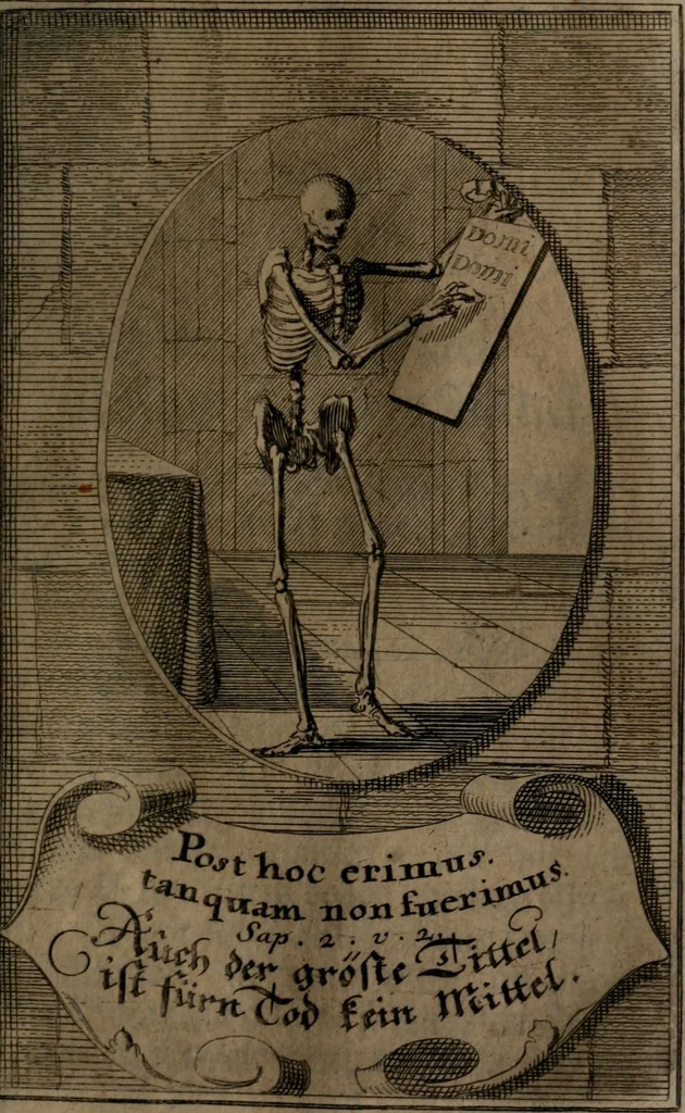 An illustration from Rev. P. Abraham a S. Clara ... Besonders meubliert- und gezierte Todten-Capelle, oder, Allgemeiner Todten-Spiegel : darinnen alle Menschen, wes Standes sie sind ..., 1711, leaf 252