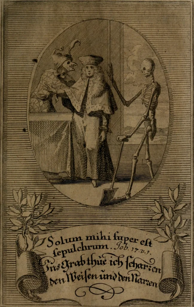 An illustration from Rev. P. Abraham a S. Clara ... Besonders meubliert- und gezierte Todten-Capelle, oder, Allgemeiner Todten-Spiegel : darinnen alle Menschen, wes Standes sie sind ..., 1711, leaf 262