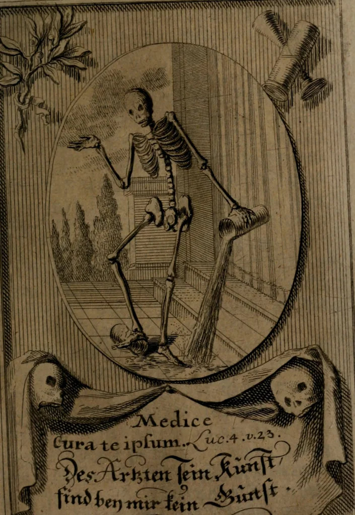 An illustration from Rev. P. Abraham a S. Clara ... Besonders meubliert- und gezierte Todten-Capelle, oder, Allgemeiner Todten-Spiegel : darinnen alle Menschen, wes Standes sie sind ..., 1711, leaf 290