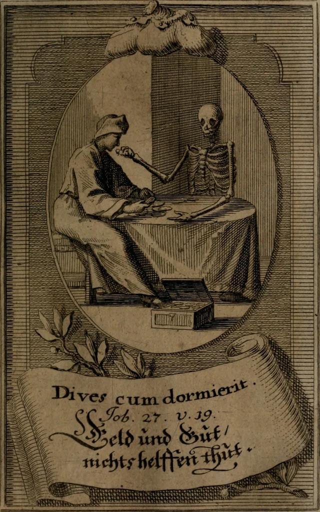 An illustration from Rev. P. Abraham a S. Clara ... Besonders meubliert- und gezierte Todten-Capelle, oder, Allgemeiner Todten-Spiegel : darinnen alle Menschen, wes Standes sie sind ..., 1711, leaf 298