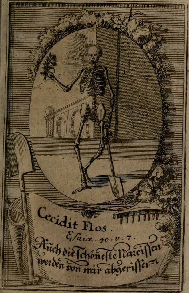 An illustration from Rev. P. Abraham a S. Clara ... Besonders meubliert- und gezierte Todten-Capelle, oder, Allgemeiner Todten-Spiegel : darinnen alle Menschen, wes Standes sie sind ..., 1711, leaf 320