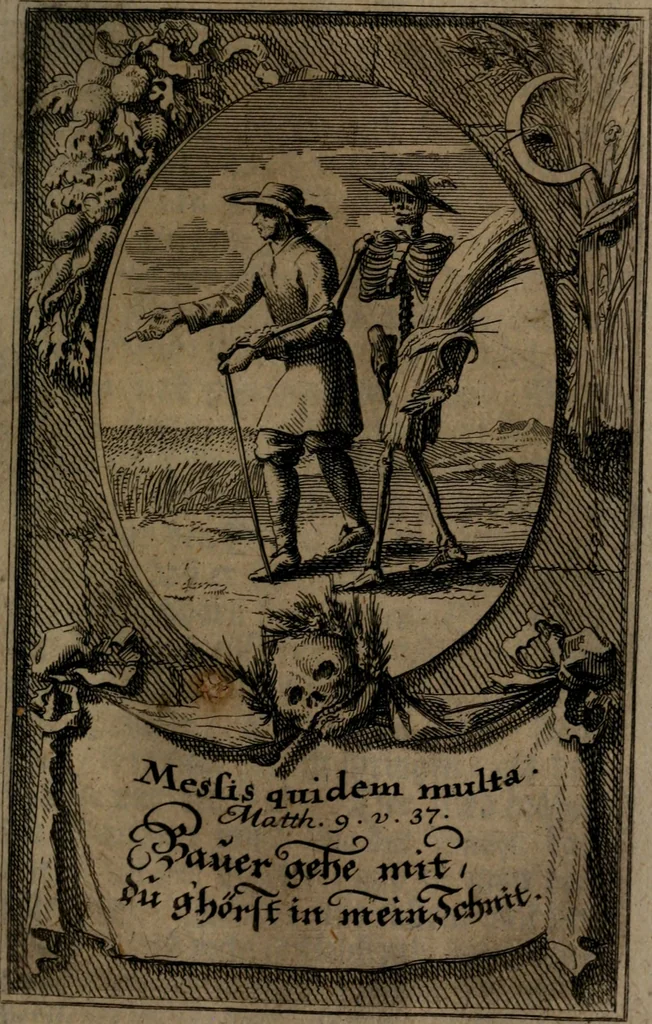 An illustration from Rev. P. Abraham a S. Clara ... Besonders meubliert- und gezierte Todten-Capelle, oder, Allgemeiner Todten-Spiegel : darinnen alle Menschen, wes Standes sie sind ..., 1711, leaf 334