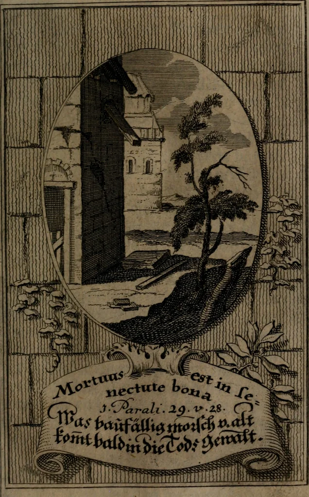 An illustration from Rev. P. Abraham a S. Clara ... Besonders meubliert- und gezierte Todten-Capelle, oder, Allgemeiner Todten-Spiegel : darinnen alle Menschen, wes Standes sie sind ..., 1711, leaf 352