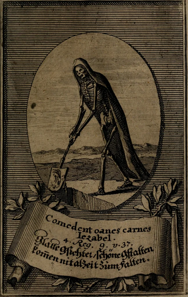 An illustration from Rev. P. Abraham a S. Clara ... Besonders meubliert- und gezierte Todten-Capelle, oder, Allgemeiner Todten-Spiegel : darinnen alle Menschen, wes Standes sie sind ..., 1711, leaf 358