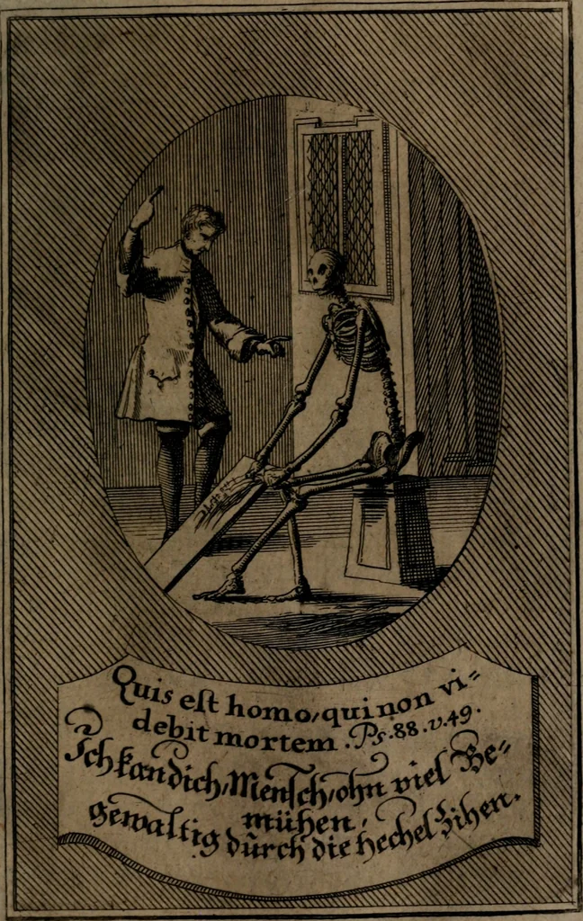 An illustration from Rev. P. Abraham a S. Clara ... Besonders meubliert- und gezierte Todten-Capelle, oder, Allgemeiner Todten-Spiegel : darinnen alle Menschen, wes Standes sie sind ..., 1711, leaf 364
