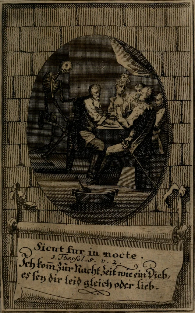 An illustration from Rev. P. Abraham a S. Clara ... Besonders meubliert- und gezierte Todten-Capelle, oder, Allgemeiner Todten-Spiegel : darinnen alle Menschen, wes Standes sie sind ..., 1711, leaf 378