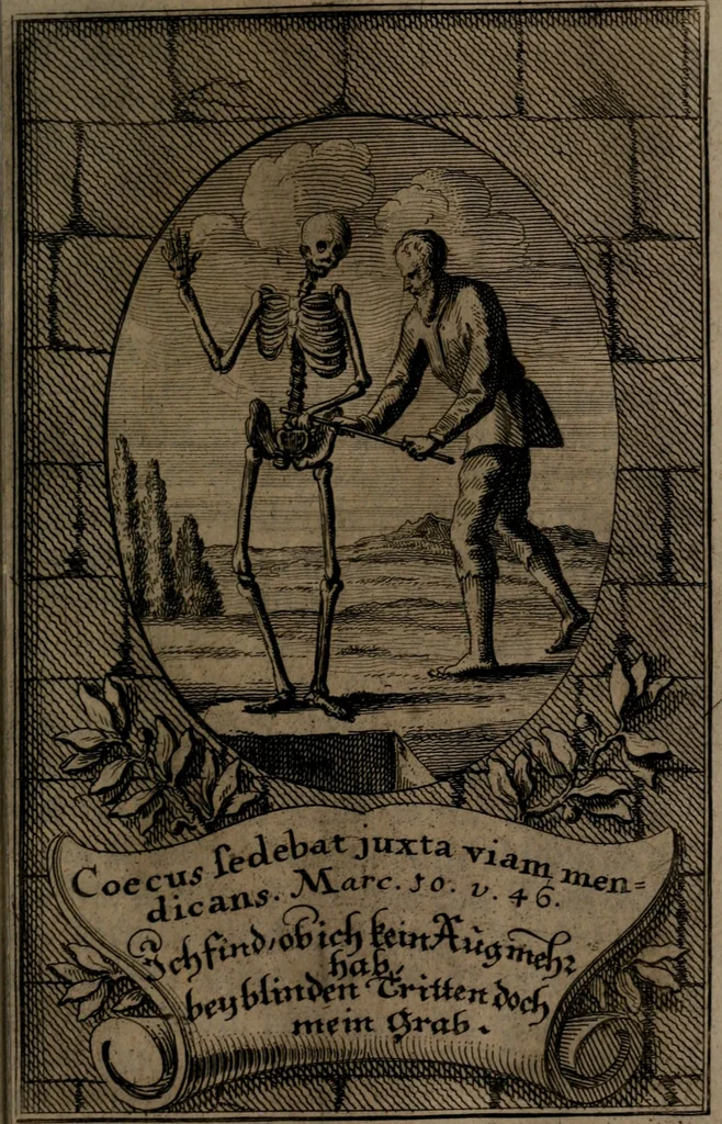 An illustration from Rev. P. Abraham a S. Clara ... Besonders meubliert- und gezierte Todten-Capelle, oder, Allgemeiner Todten-Spiegel : darinnen alle Menschen, wes Standes sie sind ..., 1711, leaf 384