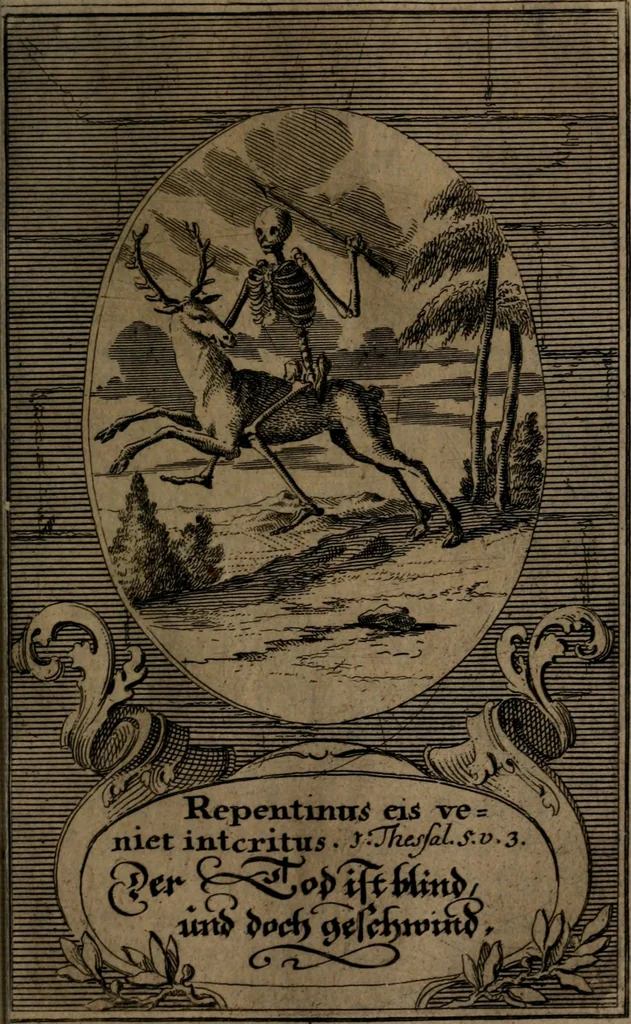 An illustration from Rev. P. Abraham a S. Clara ... Besonders meubliert- und gezierte Todten-Capelle, oder, Allgemeiner Todten-Spiegel : darinnen alle Menschen, wes Standes sie sind ..., 1711, leaf 392
