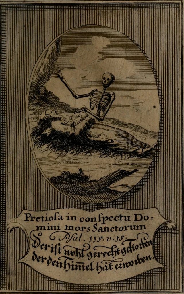 An illustration from Rev. P. Abraham a S. Clara ... Besonders meubliert- und gezierte Todten-Capelle, oder, Allgemeiner Todten-Spiegel : darinnen alle Menschen, wes Standes sie sind ..., 1711, leaf 426